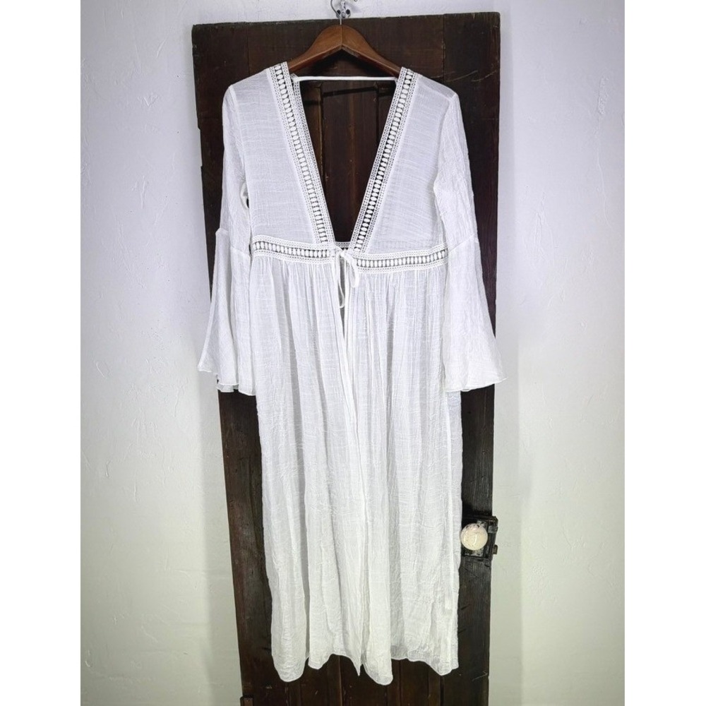 Women's Midi Open Tie Swim Cover Up Sz. L Oversized Duster White Bohemian Boho - Picture 2 of 12
